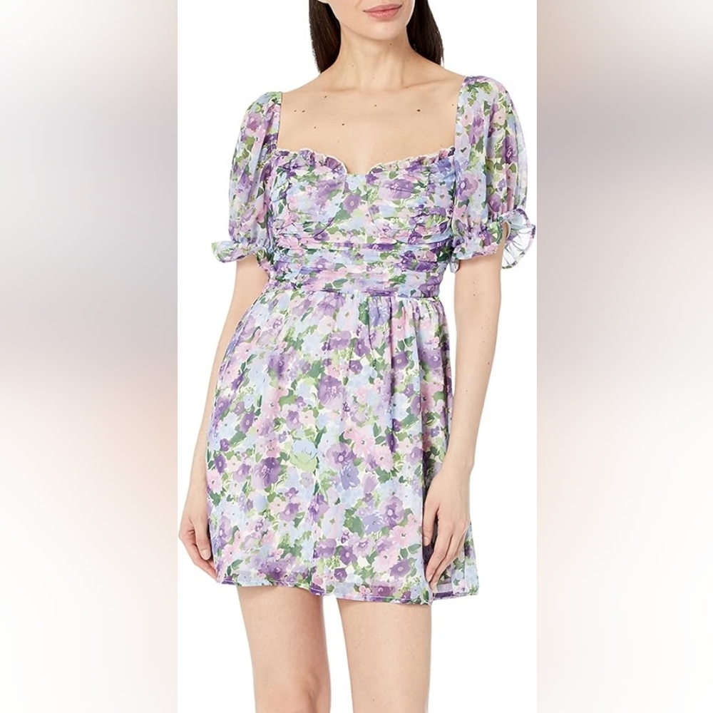 Floral Puff Sleeve Mini Dress Ruffle Bust & Shirred Back Y2k Milkmaid Small‎